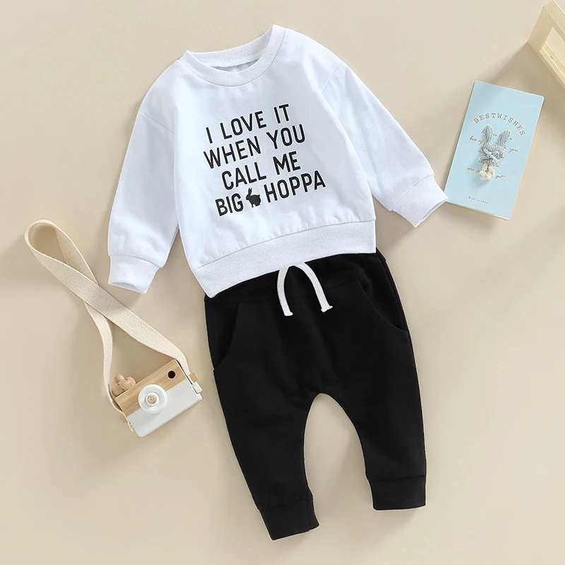 Cute Baby Boys 2 Piece Set with Bunny Graphic Sweatshirt and Cozy Elastic Waist Pants for Playtime Fun