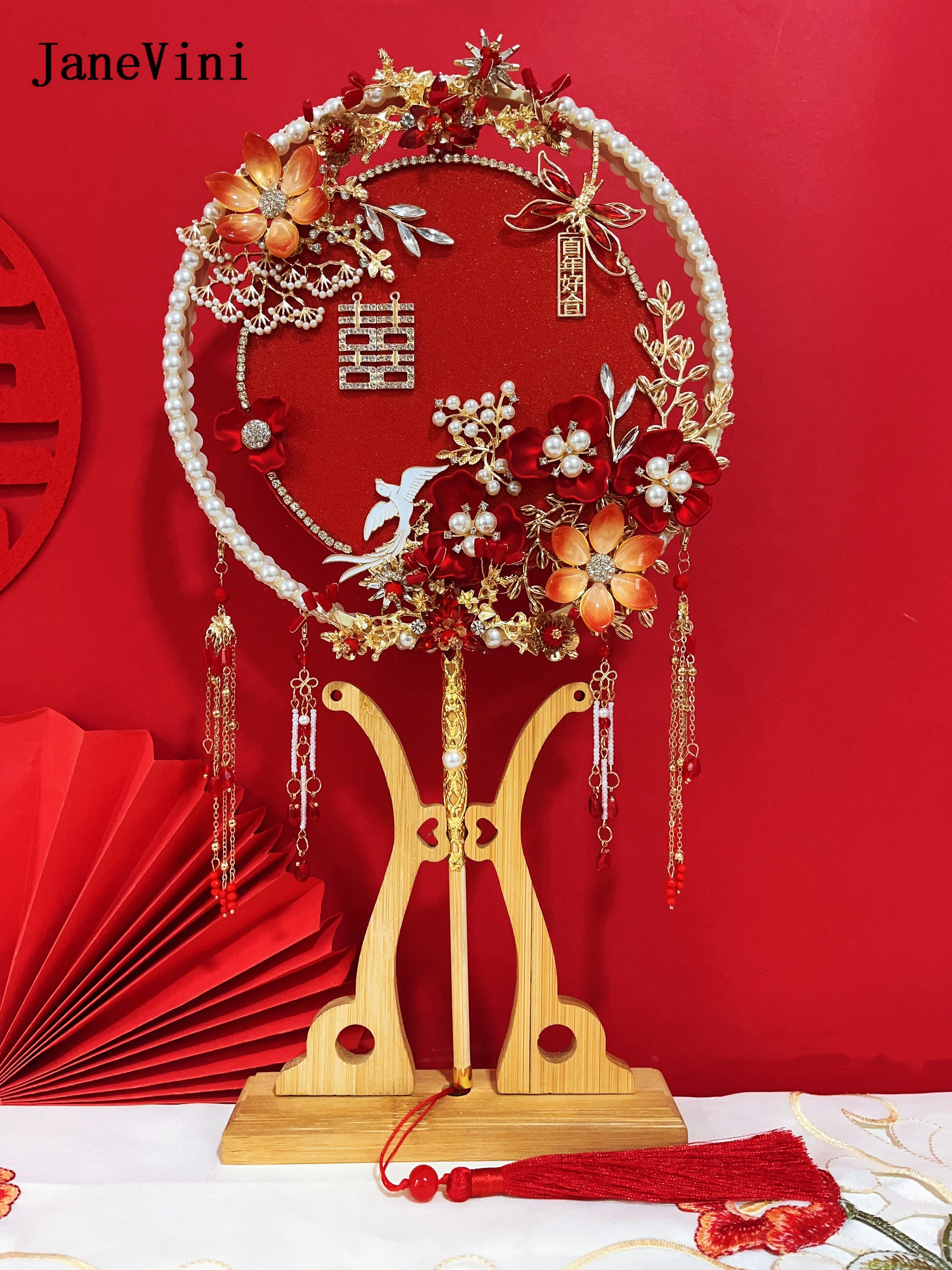 Janevini-結婚式のための金属製の花の形をした豪華な扇風機,青い花,中国の丸い金属,ジュエリーアクセサリー