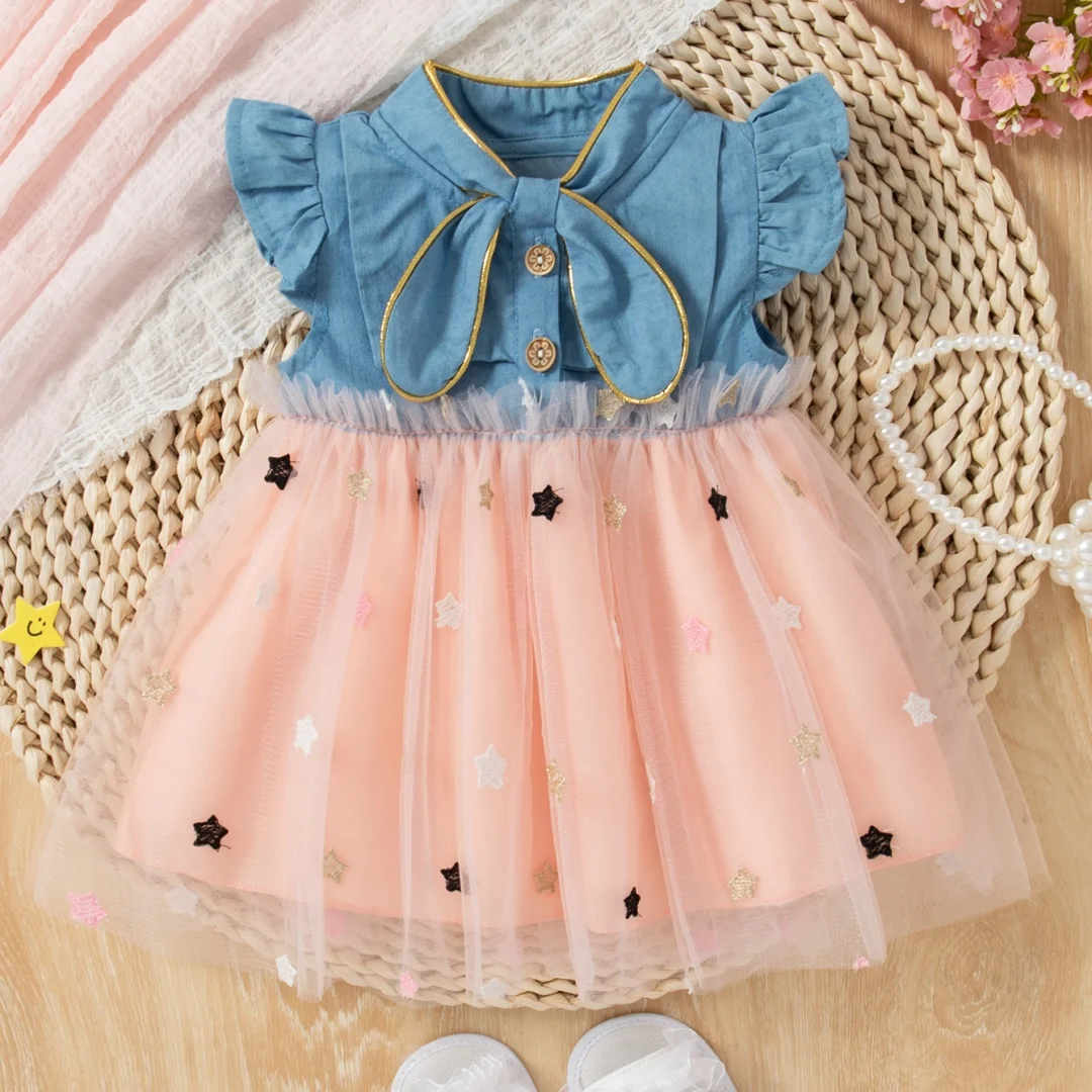 Baby Dresses Summer Cotton Bow Heart-Shaped Mesh Small Fly Sleeves Girls Dresses Cute Casual Beach Girl Clothing