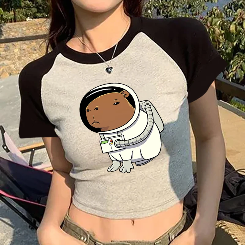 Capybara Astronaut T Shirt Cute Cartoon Graphic Print Women's Crop Tops Summer Fashion O-Neck Raglan Sleeves Casual Short Tshirt