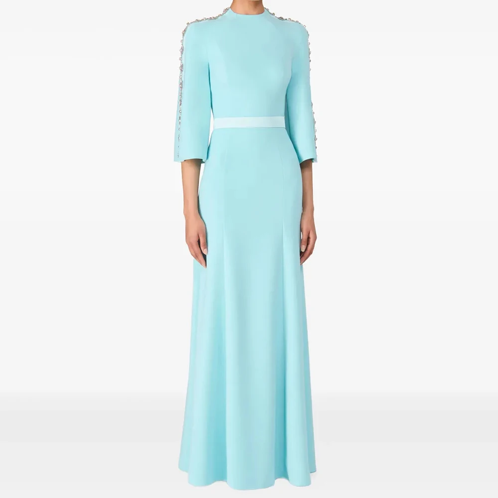 

A-line Women's Evening Dresses Floor-length High-neck Three Quarter Sleeve Prom Gown Fashion Crystal Draped Customized Gowns