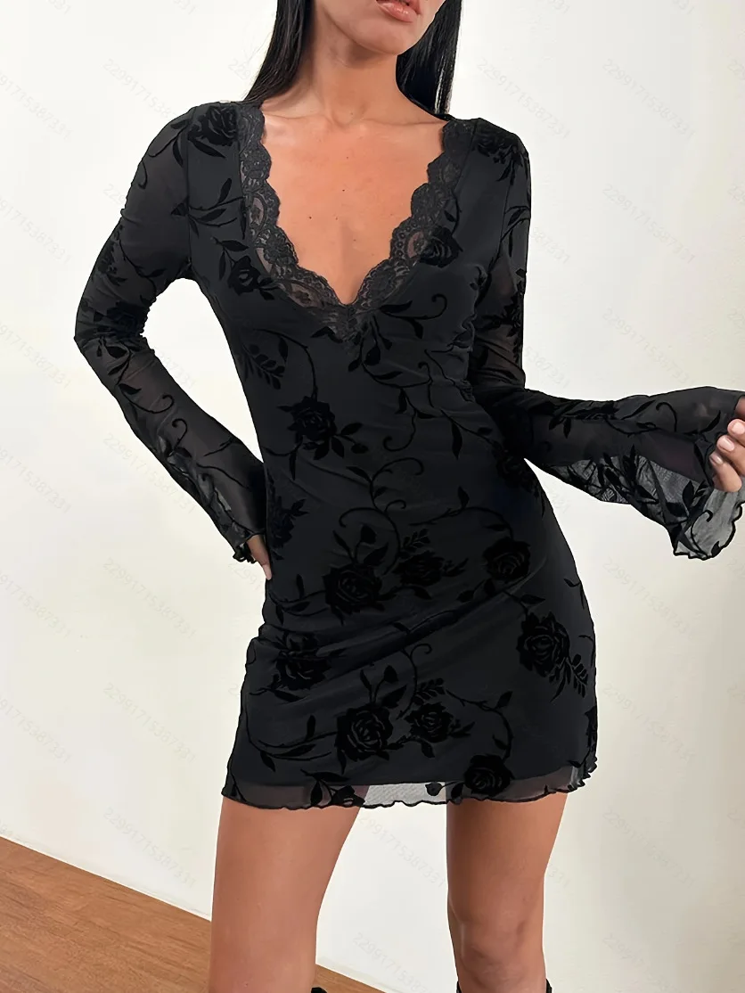 2025 Nuevo vestido corto de malla elástica de moda con cuello en V Slim Fit Mini falda que abraza la cadera