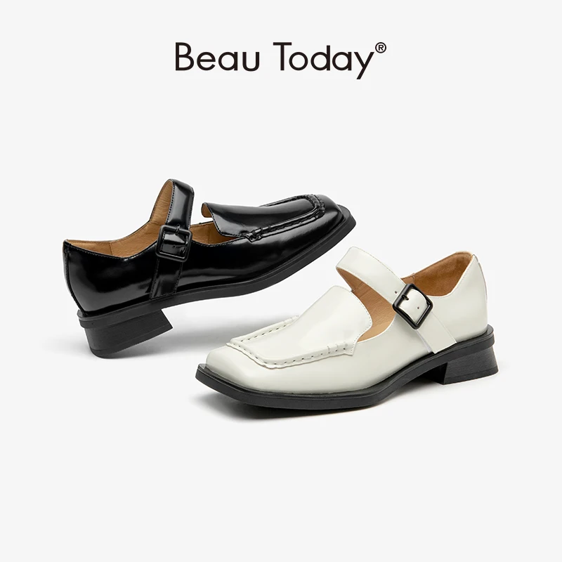 BeauToday Women Mary Janes Genuine Cow Leather Platform Outsole Slip On Square Toe Casual Female Flat Shoes Handmade 28286