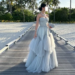 Exquisite Women Crystal Sweep Train A-Line Bespoke Occasion Gowns Sweetheart Tulle Sleeveless Backless Special Occasion Gowns