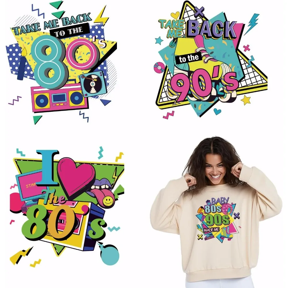 4 Uds. Take Me to The Back 80s 90s IIron On camisetas, parches de transferencia de calor, pegatinas DIY para planchar, calcomanías de transferencia de calor