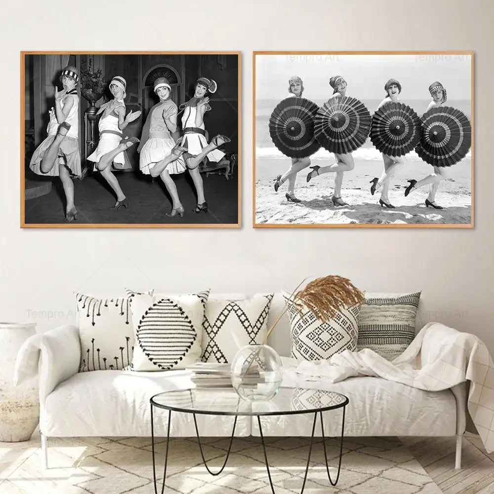 Vintage Beach Flapper Girls Drinking Print Canvas Painting Black And White Swimsuits Fashion Poster Room Home Wall Decor Gift