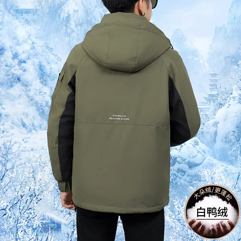 Men\'s Outdoor Cargo Cold-proof Warm Hooded Down Jacket 2024 Winter Color Blocked Workwear Duck Dwon Jacket Man Thick Warm Coats