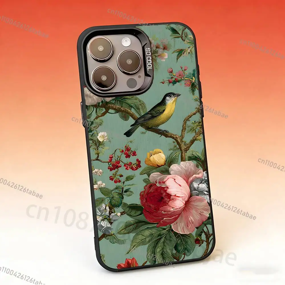 INS Vintage Floral & Bird Phone Case For iPhone 17,16,15,14,13,12,11,Pro,Max,Plus,Mini Candy Matte Shockproof Cover