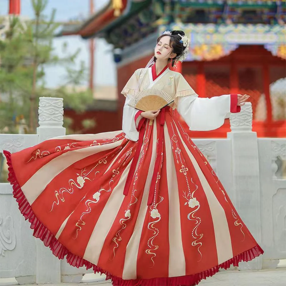 Women Ancient Chinese Traditional Clothes Tang Suit Hanfu Costume Authentic Red and Beige Stripped Chinese Ancient Costume