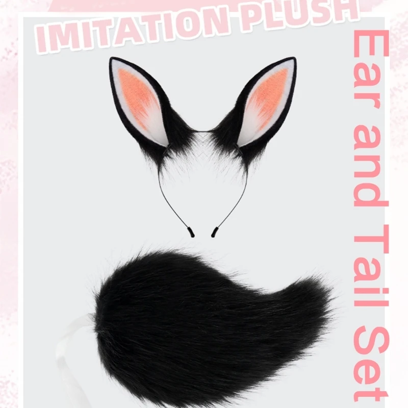 Rabbits Costume Accessories, Animal Ear Hairband, Plush Tail for Kid Girl Cosplay Christmas, Halloween Animal Costume