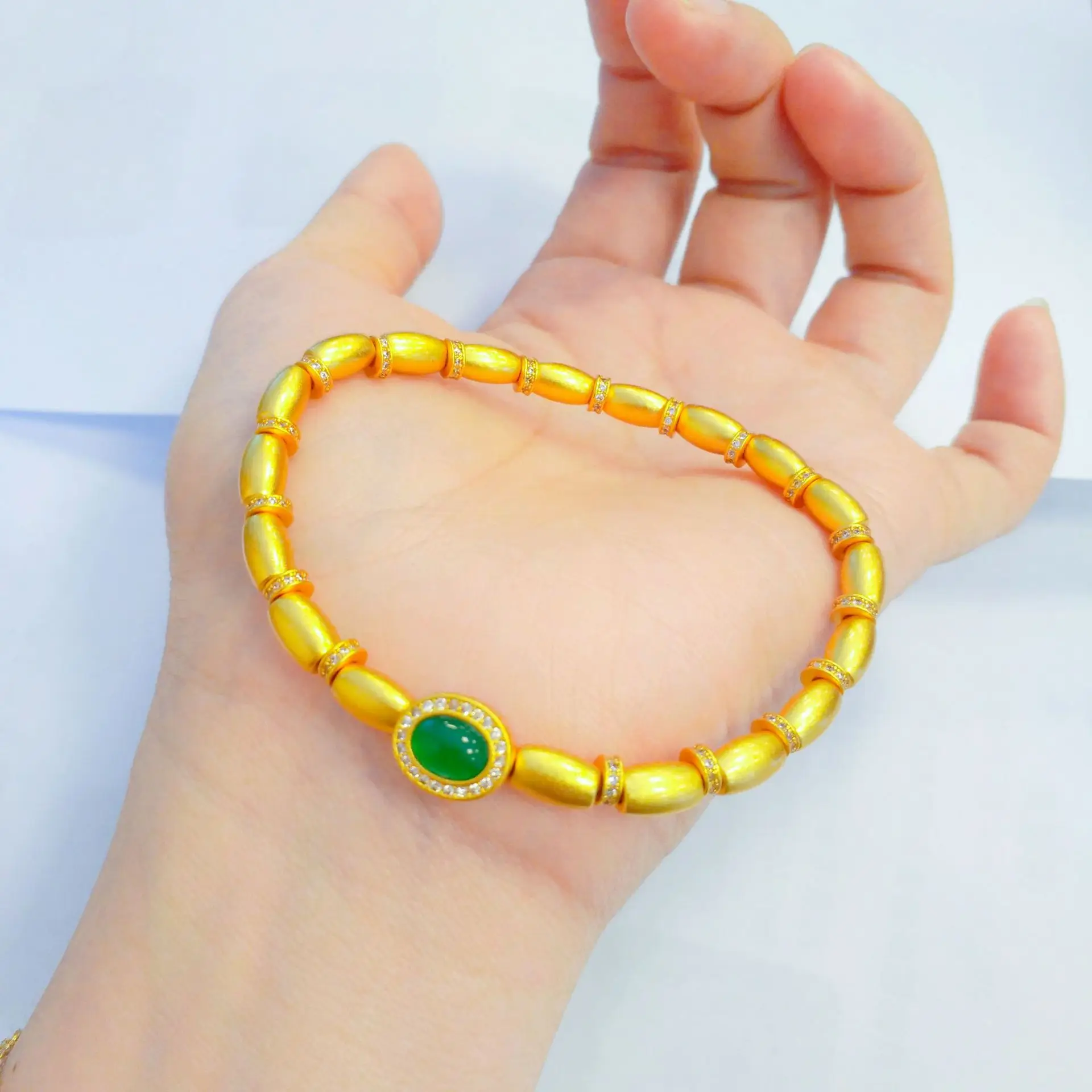 

9999 24K real gold Olive Bead Bracelet Women's temperament point diamond chalcedony bracelet ancient gold hand jewelry