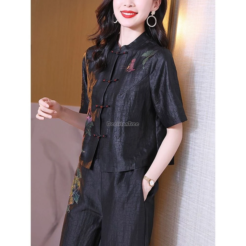 2026 summer chinese retro loose style printed short-sleeved cheongsam button tang suit top short pants 2 piece loose daily set