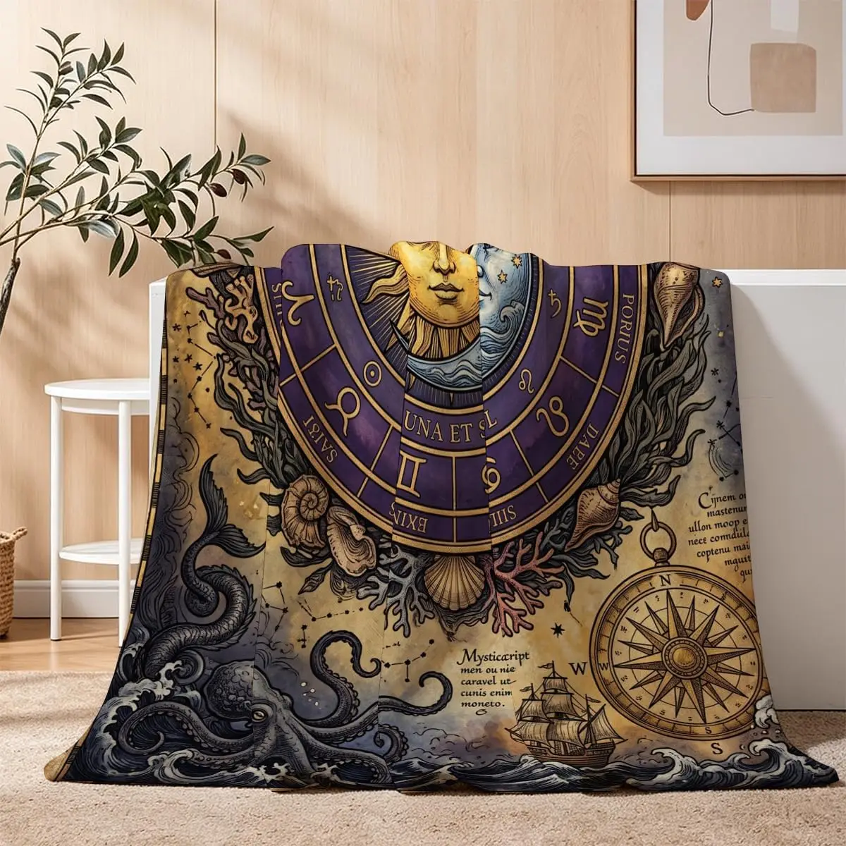 Vintage Zodiac Sun Moon Ocean Octopus Compass Constellation Print Flannel Throw Blanket Warm Sofa Bedroom Mystic Home Decor Gift