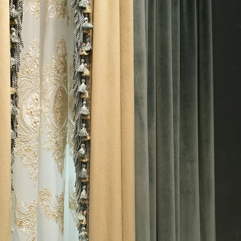 Vintage American Dark Green Velvet Splicing Thickened Blackout Curtains for Living Room Bedroom French Window Custom Screen