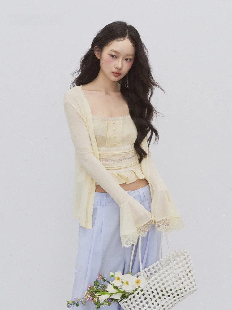 

Летний кардиган Andasaya из шерсти с кружевными вставками, легкий, свободного кроя, с защитой от солнца, V-образный вырез, вязаный топ для женщин