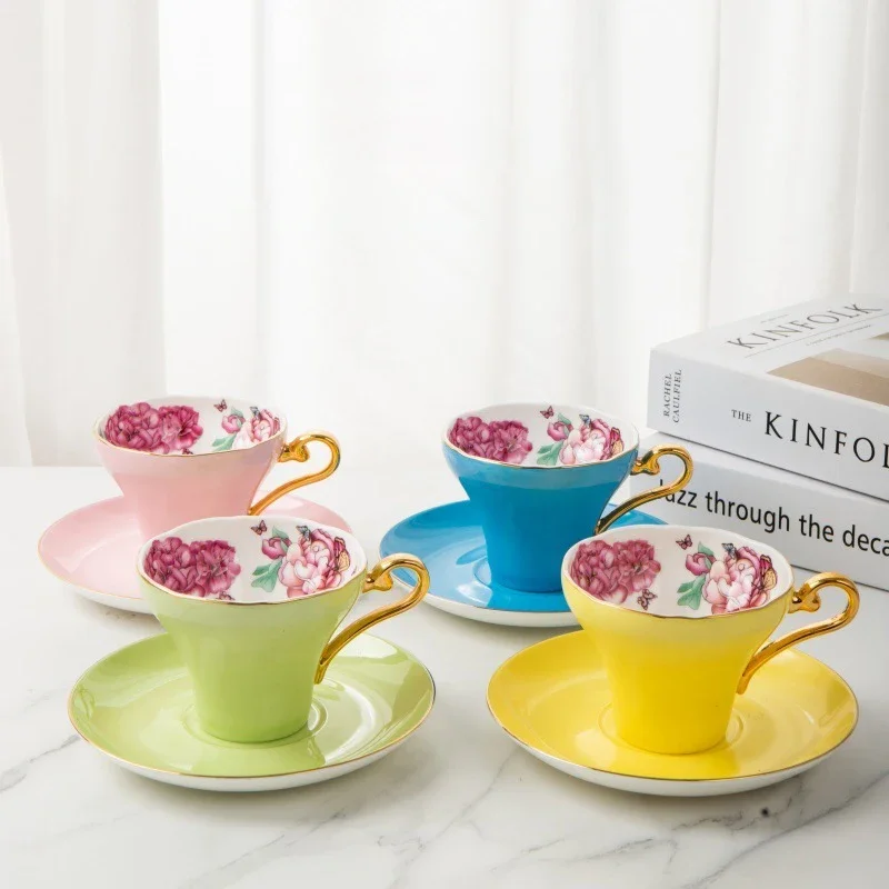 Floral Pattern Bone China Coffee Cup and Saucer with Gold Handle 130ml Home Creative Waist Curved Afternoon Tea Cup set