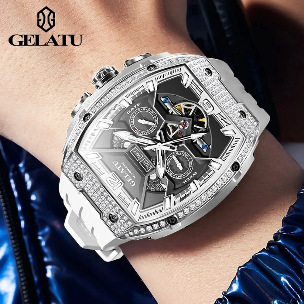 GELATU Top Brand Men\'s Date Week Waterproof Luminous Watches Full Automatic Wristwatch for Man Hollow Mechanical Flywheel Clock