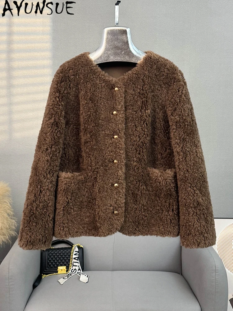 AYUNSUEขนสัตว์ธรรมชาติ 100% ผู้หญิงเสื้อรอบคอLamb Fur Jacketเสื้อผ้าผู้หญิงคุณภาพสูงOuterwears 2025 Ropa Para Mujer