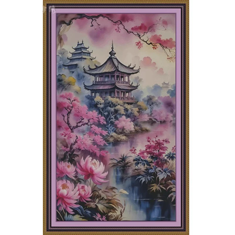 Pavilion 14CT 16CT Printed On Canvas Cross Stitch DIY Set Chinese Pattern Kit Home Needlework Embroidery 176 Colors