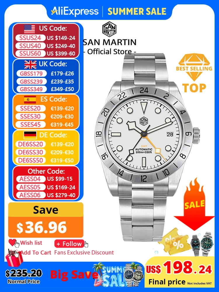 San Martin nuevo reloj mecánico automático GMT NH34 de 39mm reloj deportivo de acero inoxidable zafiro luminoso resistente al agua para hombres reloj
