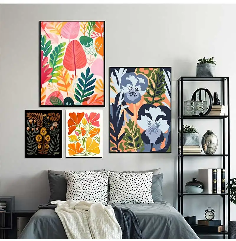 Folk Flower Wall Art Set of 6 Poster Sticky Sticker Living Room Bar Cafe Decoration