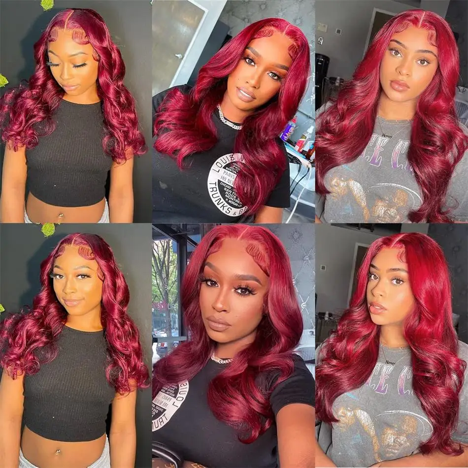 Perruque Lace Front Wig Body Wave Brésilienne Naturelle, Cheveux Humains, Couleur Bordeaux 99J, Transparent HD, 360, pour Femme