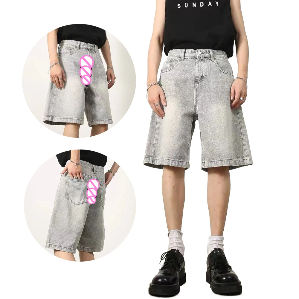 Invisible Open Crotch Outdoor Sex Men\'s Denim Shorts Streetwear Casual Jeans Loose Summer Retro Straight Leg Hip-hop Pants Trend