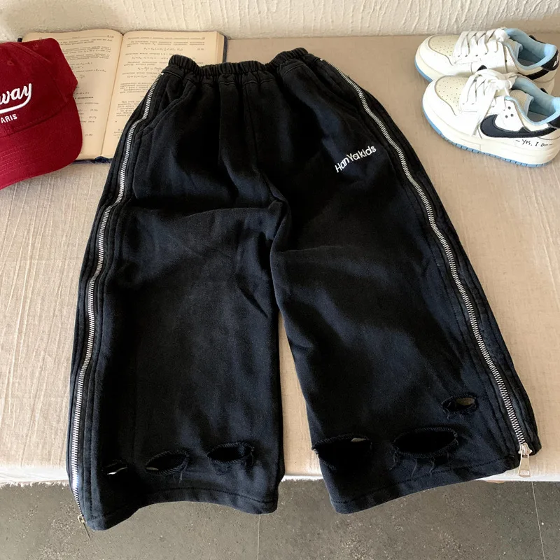 Boys Pants 2025 Autumn Spring Korean Style Fashion Trendy Casual Loose Sporty Ripped Letter Print Zipper Long Pants