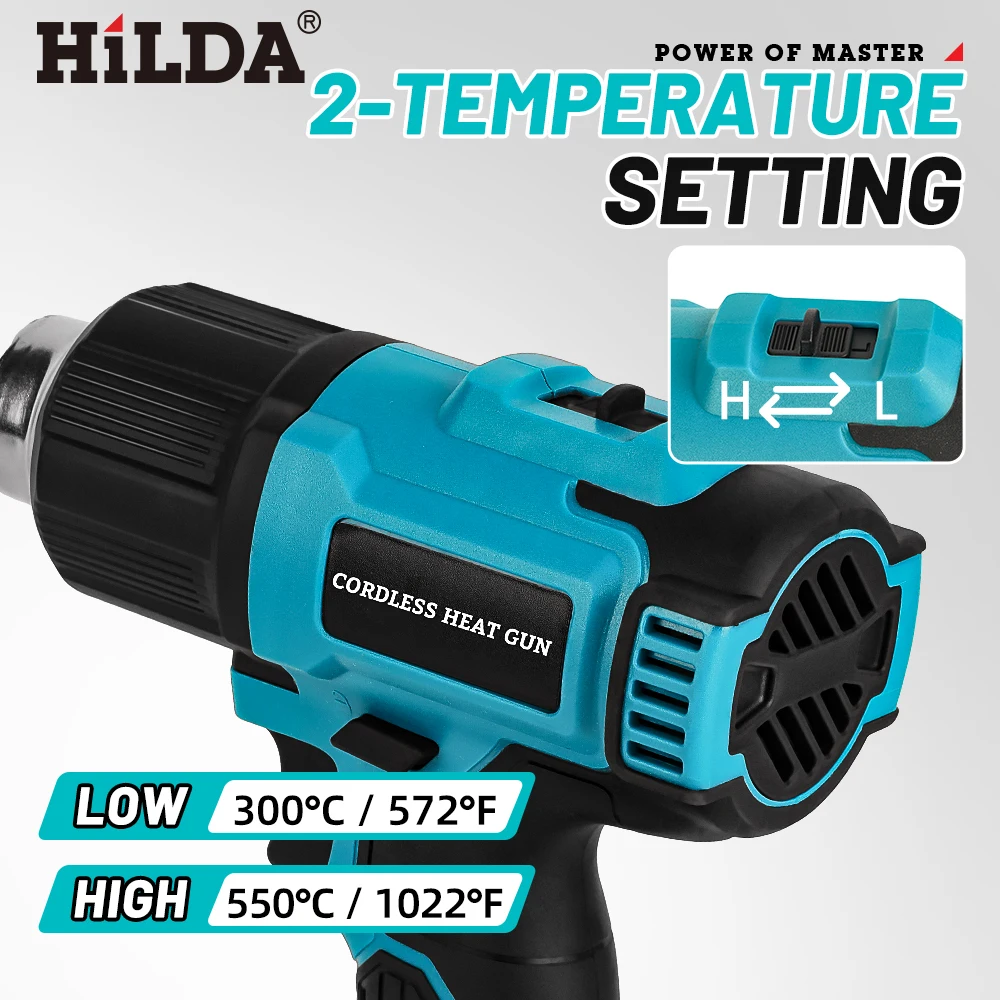 HILDA 21 فولت يده مسدس هواء ساخن درجة الحرارة قابلة للشحن اللاسلكي لبطارية ماكيتا مسدس الحرارة الكهربائية مع فوهات