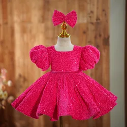 2024 Girls' Evening Dress Summer Bubble Sleeve Birthday Party Sequin Girls' Princess Dress Halloween Banquet Dress