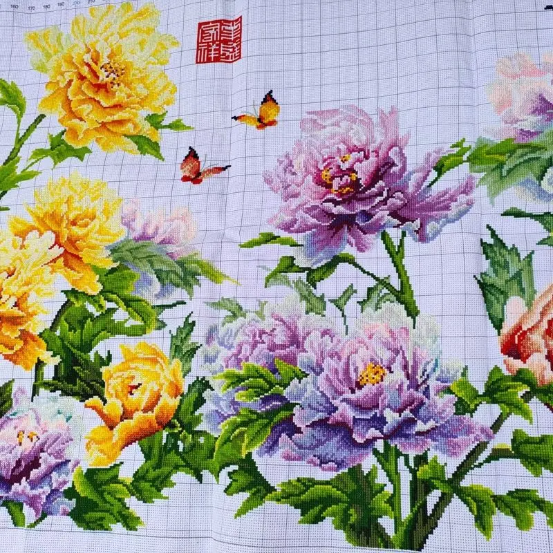 Pure handmade cross stitch finished product, Tianxiang Nafu national color peony, new flower blooming, wealthy and noble living