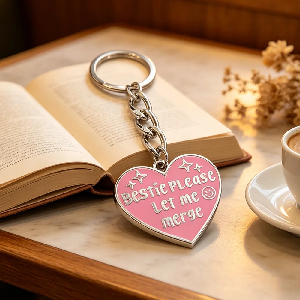 Funny Bestie Please Let Me Merge Keychain  Cute Pink Heart Keyring Humorous Women Driver Gift Creative Car Key Backpack Pendant