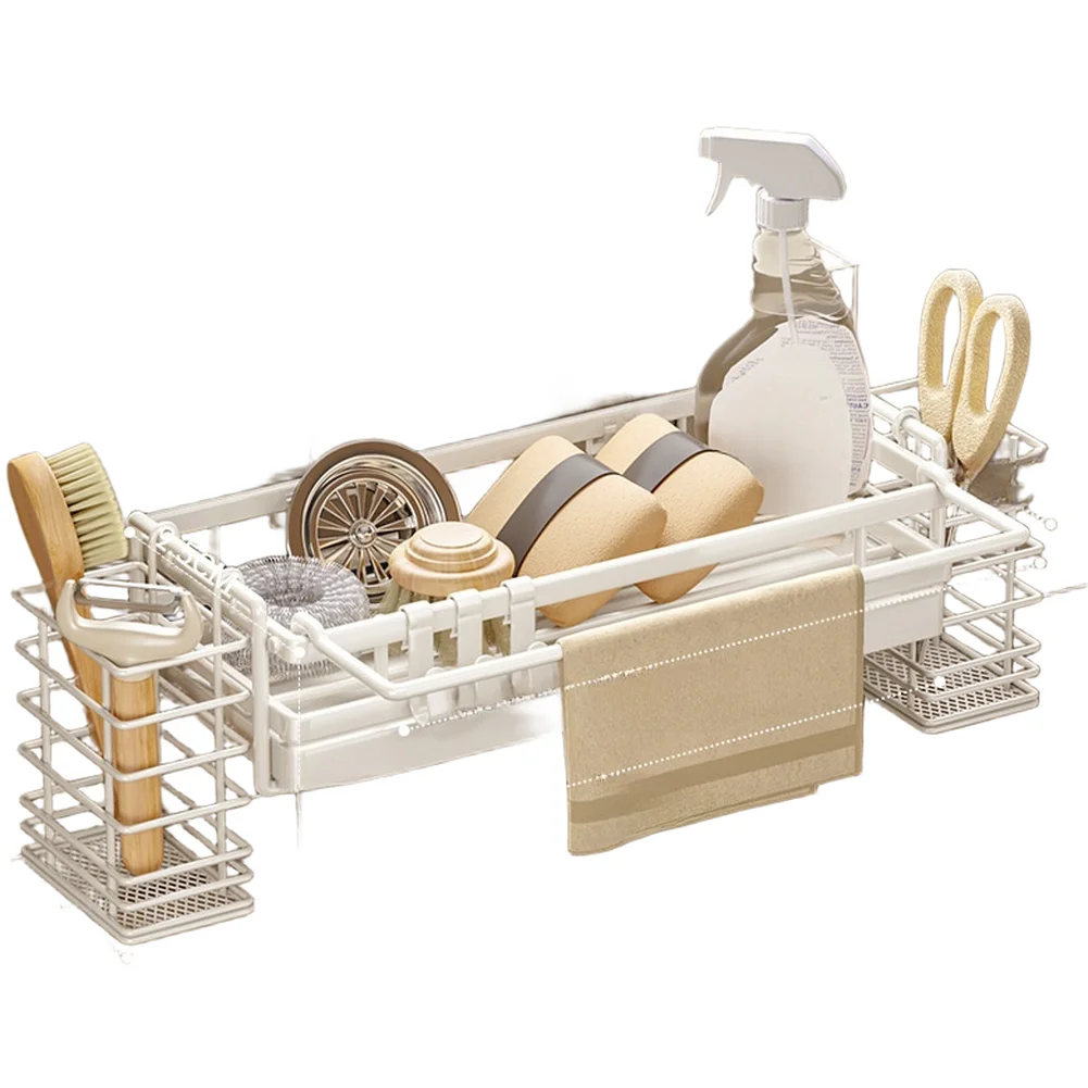 Carbon Steel Wall Mount Sink Rack with Drain Tray Hanging Rods and Condiment Basket for Towels For Sponges and Tools