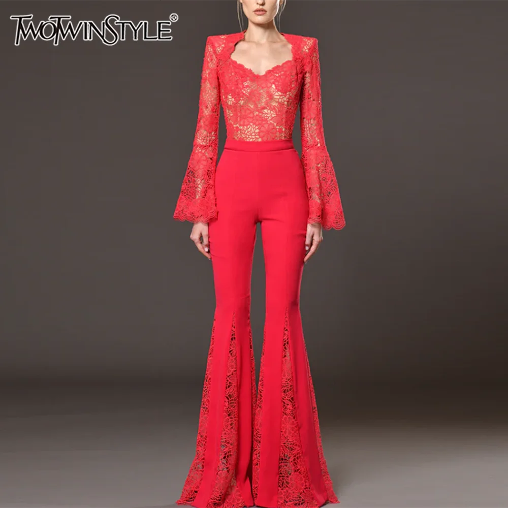 TWOTWINSTYLE Hollow Out Lace Two Piece Sets For Women Square Collar Long Sleeve Top High Waist Flare Pant Sexy Set Female 2024