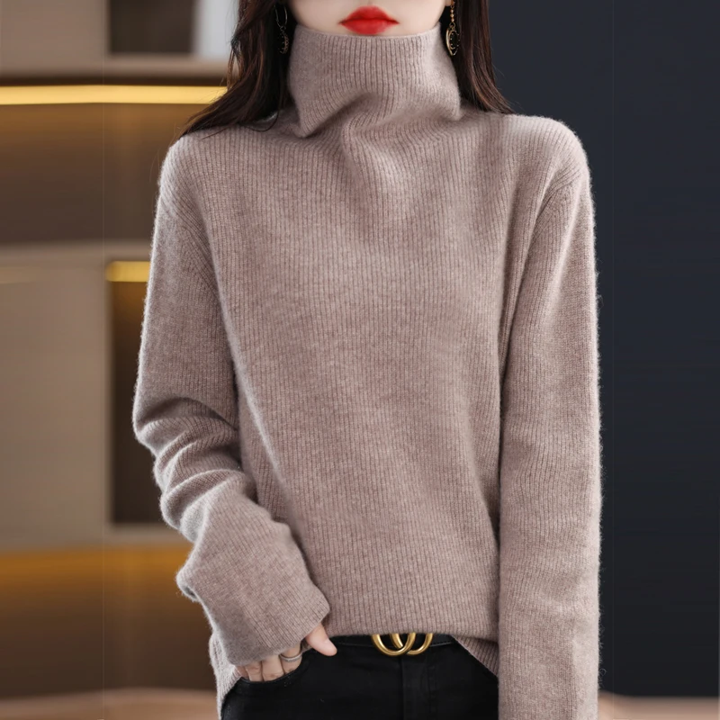 Women Merino Wool Sweater Pile Collar Pullover Autumn Winter Cashmere Knit Clothing Soft Bottoming Long Sleeve Tops Solid Color