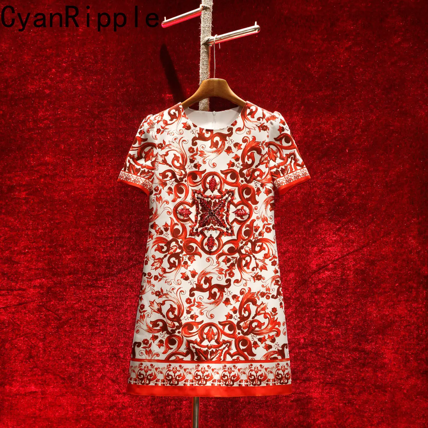High Quality Vintage Red Geometry Printed Short Sleeve Women Dress New Spring Summer Luxury Bead Elegant Round Neck A-line Dress