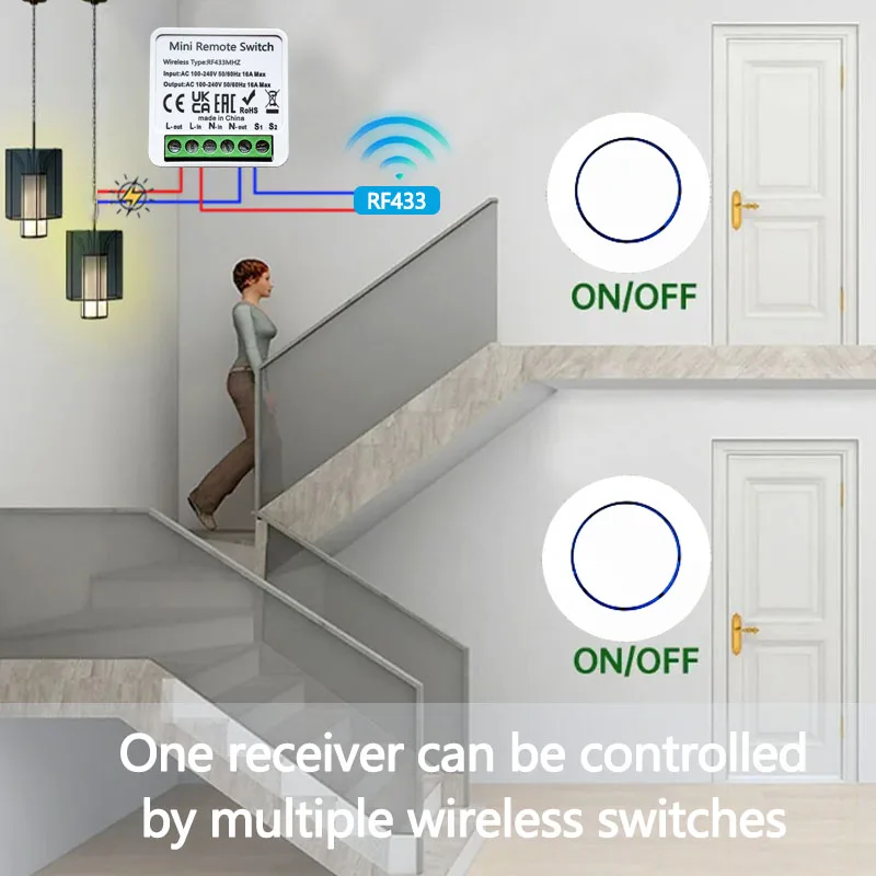 Wireless RF433 Smart Switch Relay Module 1/2/3 Gang Wall Switch 4 Key Mini Remote LED Lamp Fan Smart Lights Controller 110V 220V