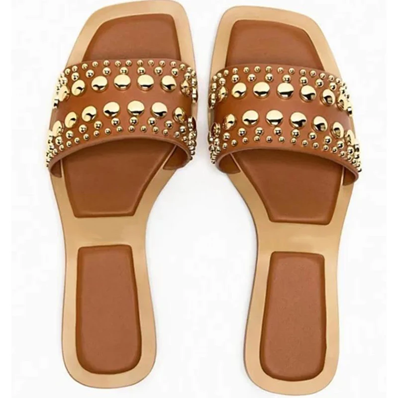 Dropshipping Roman Style Retro Studded Metal Trim Flat Sandals Clear Square Toe Strap Sandals Plus Size Women\'s Slippers 35&42