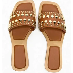 Dropshipping Roman Style Retro Studded Metal Trim Flat Sandals Clear Square Toe Strap Sandals Plus Size Women's Slippers 35&42