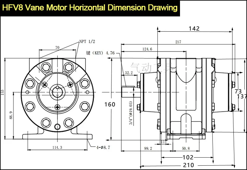 Blade Pneumatic Motor HVF8 Horizontal Type 3900W 2500 RPM 5.3HP Horse Power Rotating speed Factory Direct Sales - view 2
