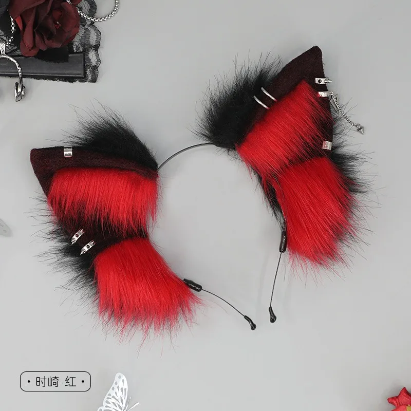 Blue and pink Cute Furry Cat Ears Hair Hoop Women Girls Lolita Lovely Headband Plush Fox Ear Metal Chain rivet Hairband Cosplay