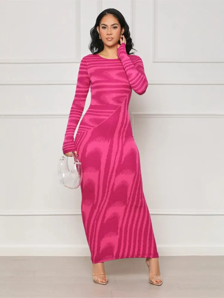 

Autumn Winter New Stripe Print Package Hip Bodycon Dresses Women Fashion O Neck Long Sleeve Temperament Commute Lady Party Dress
