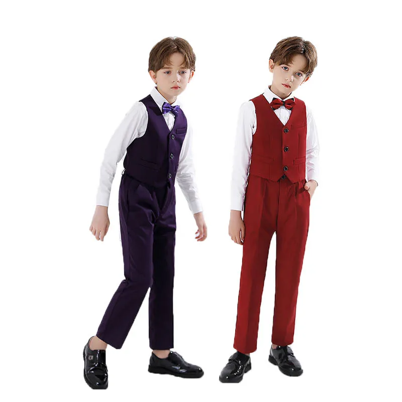 

Boys Purple Red Slim Fit Vest Shirt Pants Bowtie Photograph Suit Children Piano Violin Tuxedo Dress Kids Performance Costume
