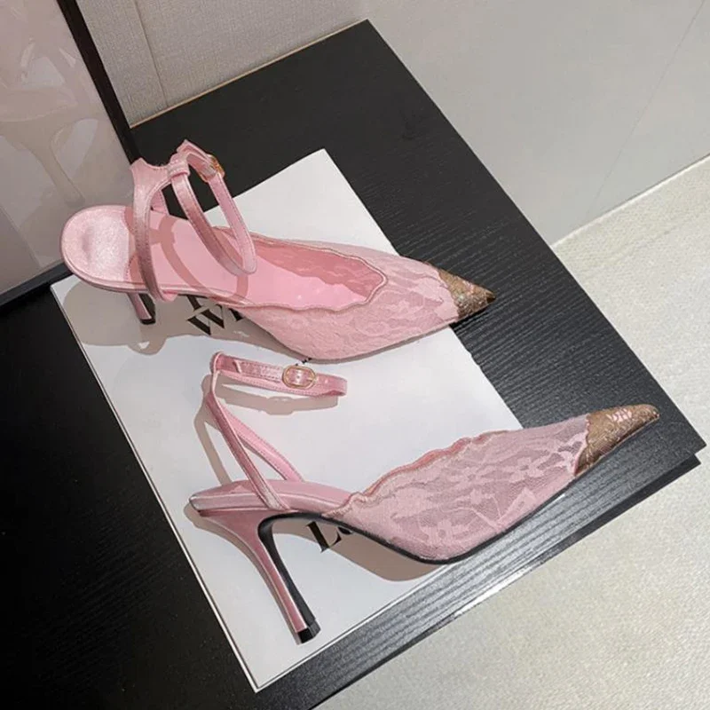 Französische sexy Spitzen-Mesh-High-Heels mit spitzer Zehenpartie, Knöchelriemen-Stilettos, atmungsaktive Damenschuhe für Party, Club, Hochzeit, Übergrößen – Detail 12