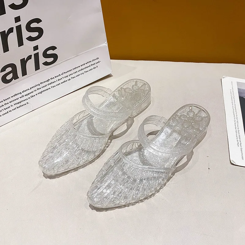 Sommer Damen Kristall-Spitzpantoffeln Mädchen Weichsohlige Rutschfeste Flache Strandschuhe Damen Atmungsaktive Urlaubs-Flip-Flops