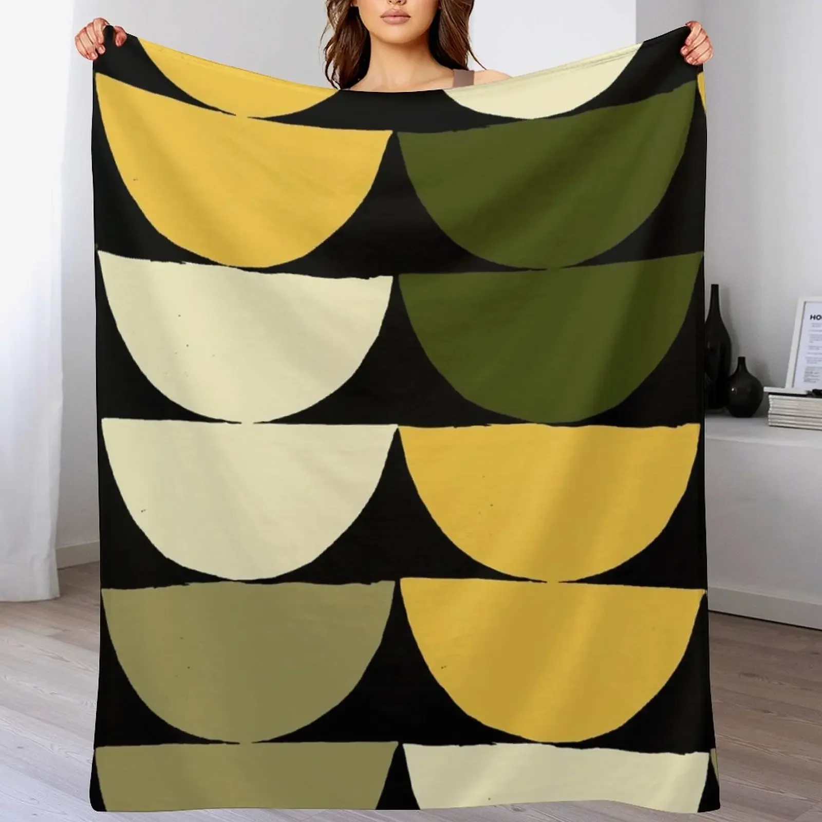 Mid-Century Modern Yellow, Green, Cream Half-Circle Pattern Throw Blanket For Decorative Sofa Quilt Decorative Sofa Blankets