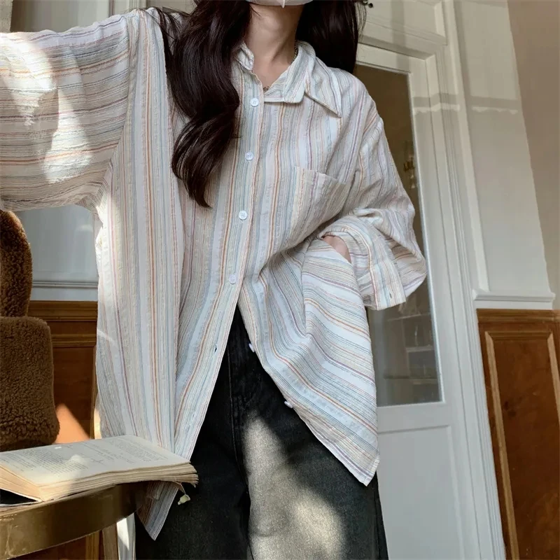 Vintage Office Lady Striped Shirt Spring Pocket Turn Down Collar Tops Korean Style Loose Long Sleeve Blouse Casual Women Clothes