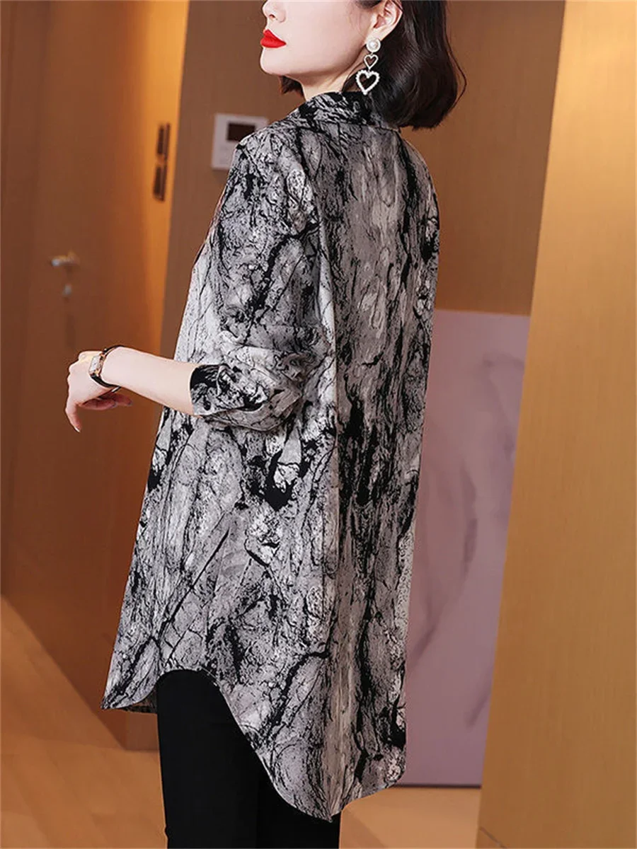 5XL Loose Women Spring Summer Shirts Lady Fashion Casual Long Sleeve Turn-down Collar Printing Blusas Tops ERFEW