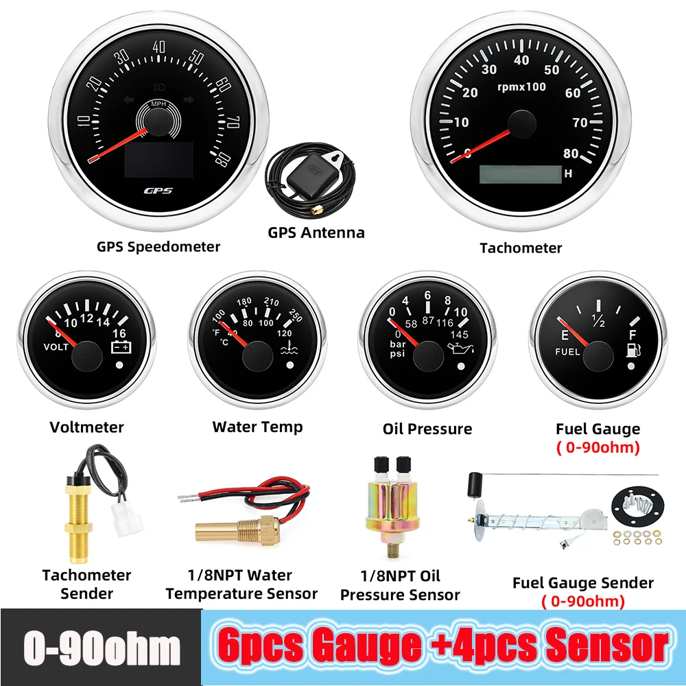 6pcs Car Meters Set 85mm GPS Speedometer Tachometre with GPS Antenna 52mm Voltage/Water Temp/Oil Press/Fuel Level Gauge 1/8NPT