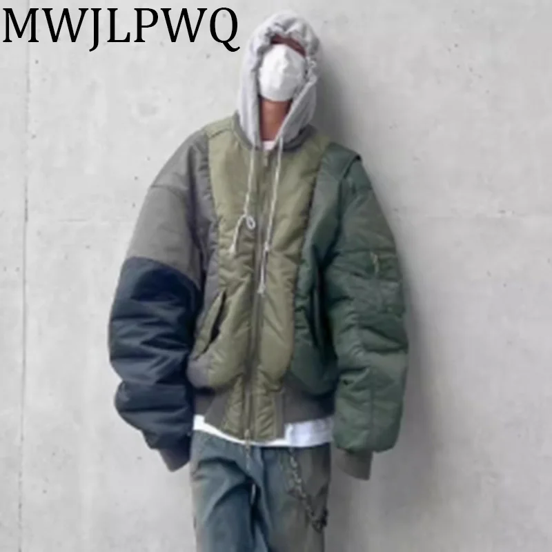 

MWJLPWQ Contrast Color American High Street Padded Male Irregular Spliced Zipper Hooded Coats Hiphop Thicken Unisex Tops 010529